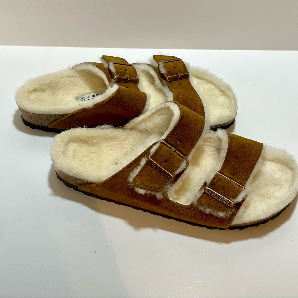 Birkenstock Arizona Shearling Tan Suede 10 Women's US NWOT - Picture 2 of 14
